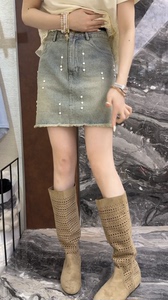 曼曼家欧货2026春夏款韩系女人味小个子气质重工钉珠毛边牛仔短裙
