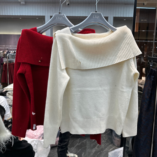 欧洲站2025冬季新款洋气一字肩领荷叶边百搭纯欲风净版套头羊毛衫