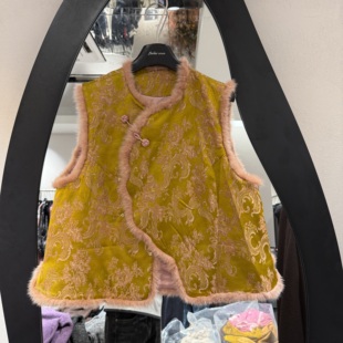 欧洲站2025秋冬新款 马甲72237 圆领毛毛拼接国风提花百搭减龄无袖