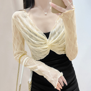 披肩 白色防晒蕾丝罩衫 女夏吊带裙外搭网纱长袖 空调房小衫 半截短款