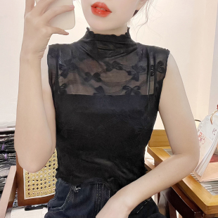 蕾丝假领子百搭女高档木耳边无袖 网纱高领打 背心修身 内搭短款