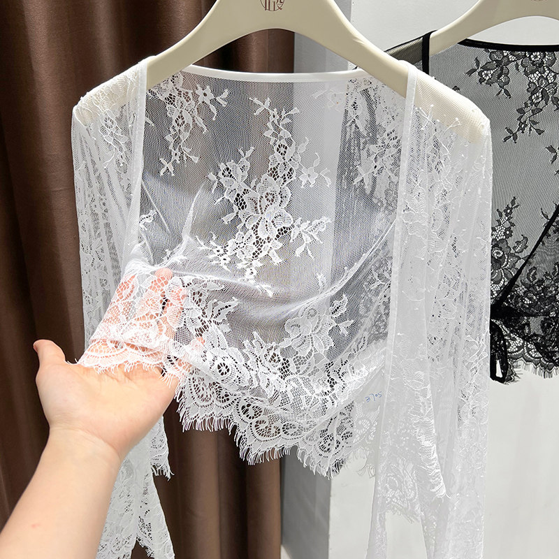 白色网纱防晒开衫女夏配吊带裙外搭罩衫高级透视系带薄款蕾丝上衣,女装/女士精品,蕾丝衫/雪纺衫,淘宝优惠券,粉丝福利购,淘宝优惠卷