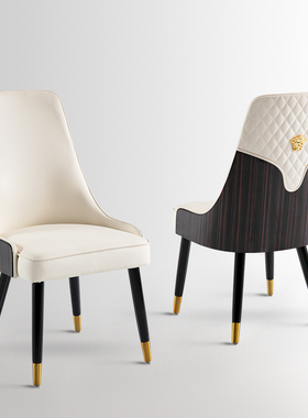 轻奢椅子实木餐椅高端餐椅高档家用餐椅烤漆别墅会所高级感真皮椅