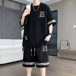 圆领印花可外穿休闲运动两件套家居服 套装 夏季 冰丝睡衣男宽松短袖