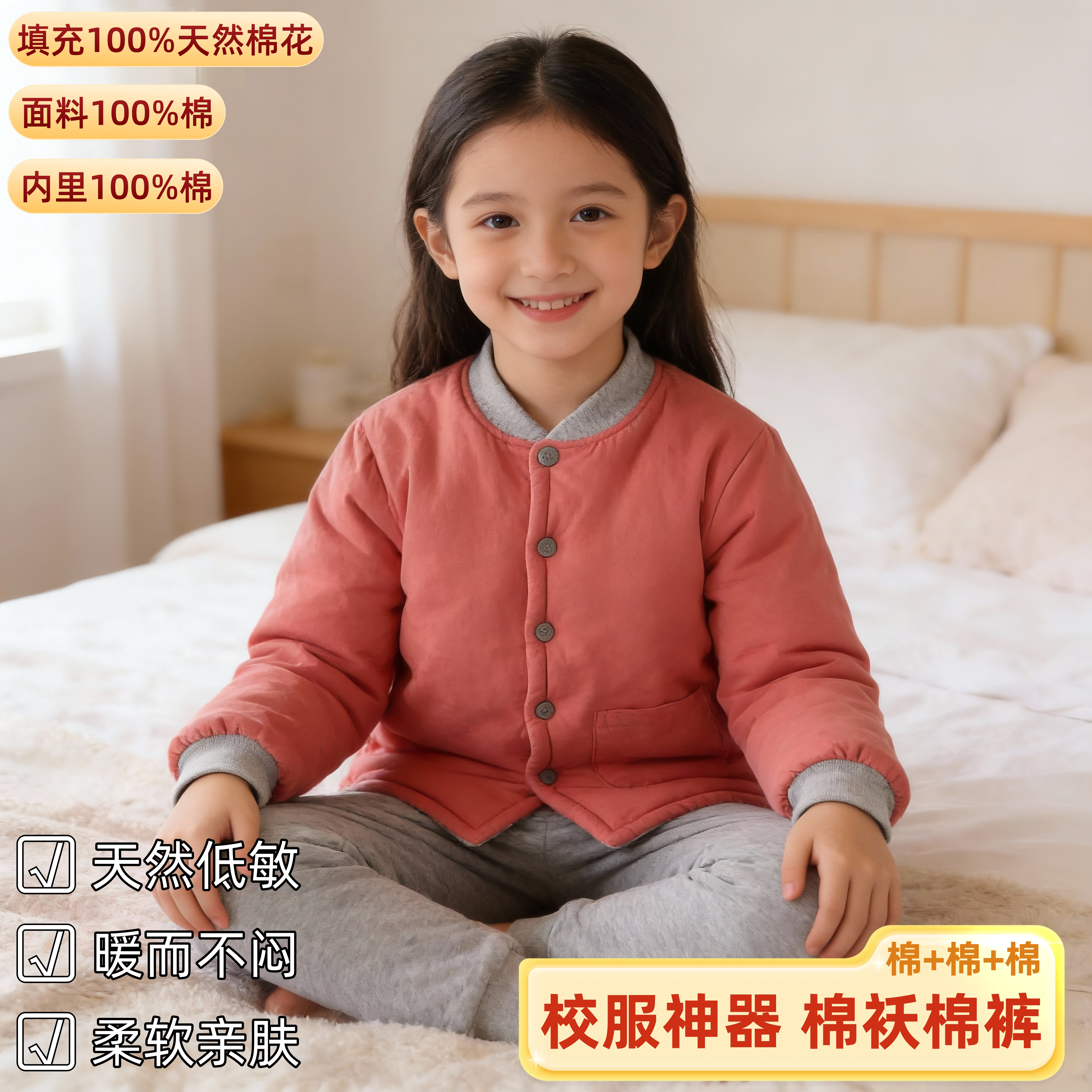 纯棉花儿童棉袄棉裤套装校服神器内胆手工纯棉花男童女童棉衣棉服