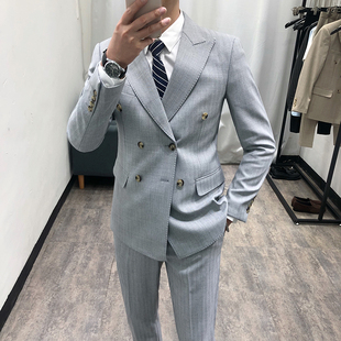 男套装 韩版 修身 2023春季 条纹西服套装 双排扣西装 商务休闲时尚 新款