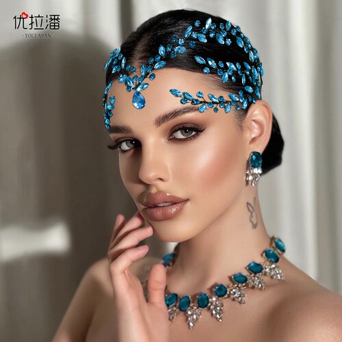 优拉潘 HP599精美手工新娘发箍手工湖蓝色闪钻额饰敬酒服婚纱配饰