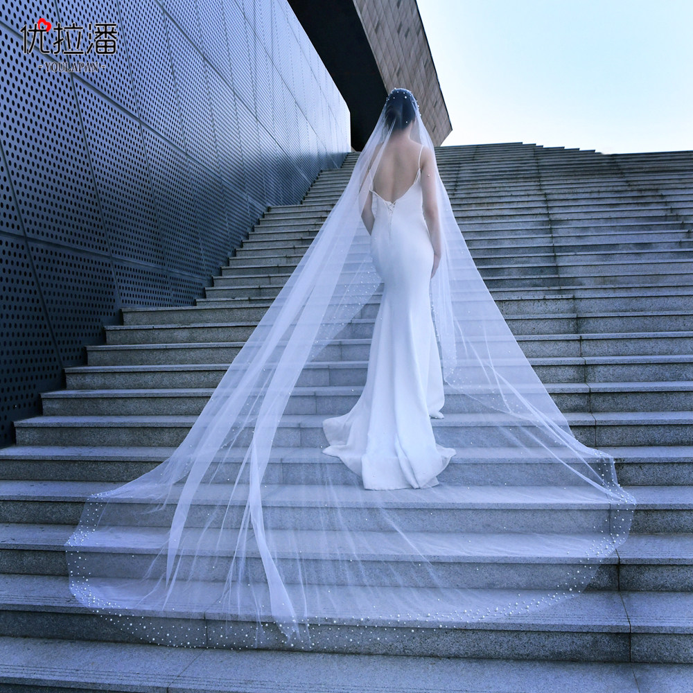 优拉潘  新娘头纱重工珍珠超长拖尾水晶纱结婚主婚纱拍摄道具v145