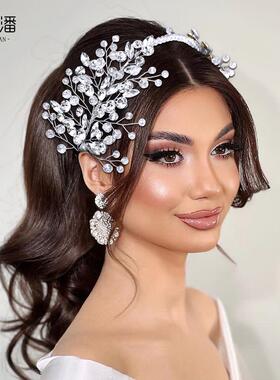 优拉潘 欧美新娘奢华盘头发饰手工串珠水晶闪亮水钻华丽发箍HP804