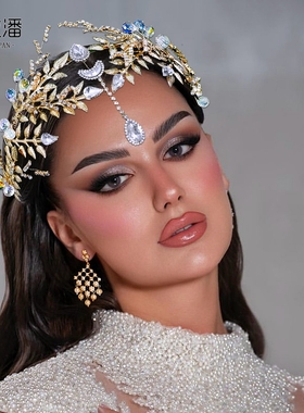 优拉潘 HP944奢华婚礼新娘头饰金色合金叶子水钻水晶头饰演出配饰