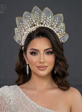 优拉潘 仙美网纱叶子造型珍珠幻彩水钻皇冠生日头饰手工发箍HP670