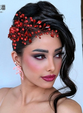 优拉潘 HP84欧美新娘头饰发带红色水钻串珠发饰舞台表演走秀配饰