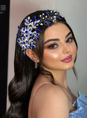 优拉潘 HP511法式复古新娘发梳蓝色花朵叶子串珠闪钻发饰仙美婚饰