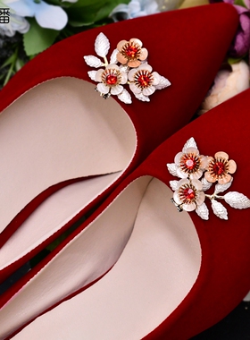 优拉潘 新娘婚鞋花鞋扣合金叶红色水钻鞋夹可拆卸高跟鞋饰品HX47