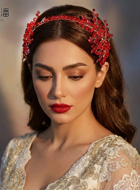 优拉潘 HP967红色复古风新娘水晶闪钻发箍欧美婚礼洋气拍照头饰
