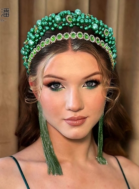 优拉潘 HP939奢华婚礼新娘头饰发箍绿色珍珠水钻约会舞会拍照发饰