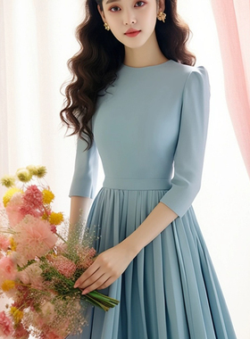 今年流行的漂亮学院风长裙高级感显瘦小香风绝美蓝色连衣裙女春季