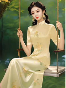 新中式国风正式场合绝美长裙高级感端庄大气黄色印花连衣裙女夏季