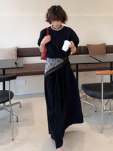 韩版高级感黑色时尚套装裙女夏慵懒风气质短袖高腰伞裙长裙两件套