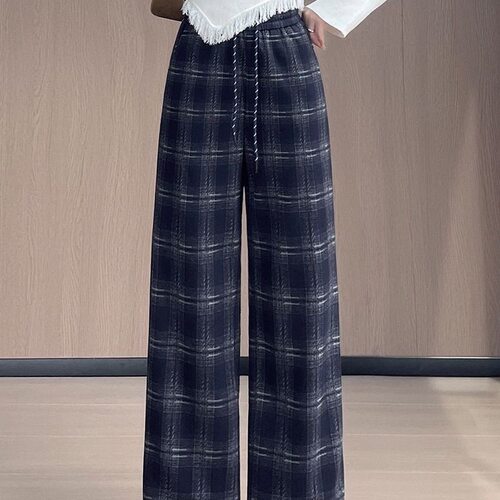 高腰格子阔腿裤女春秋季薄款2025新款宽松休闲垂坠感大码女直筒裤