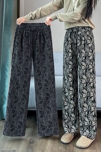 复古印花阔腿裤女2025秋季新款冬季加绒高腰腰果花纹休闲直筒裤子