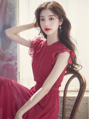 设计师款法式甜美初恋系小飞袖梅子色雪纺仙气连衣裙子女夏天长裙