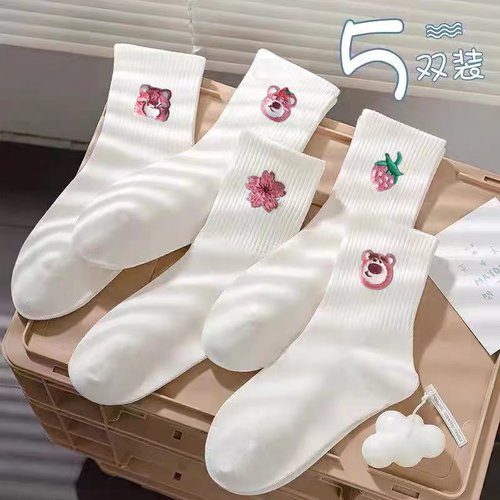 白色袜子女中筒袜纯棉春夏季ins潮百搭日系可爱草莓熊学院风长袜