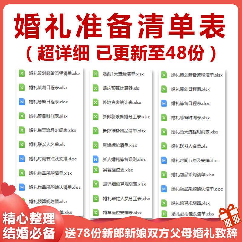 结婚婚前婚礼流程准备筹备物品采购清单日程安排表格资料