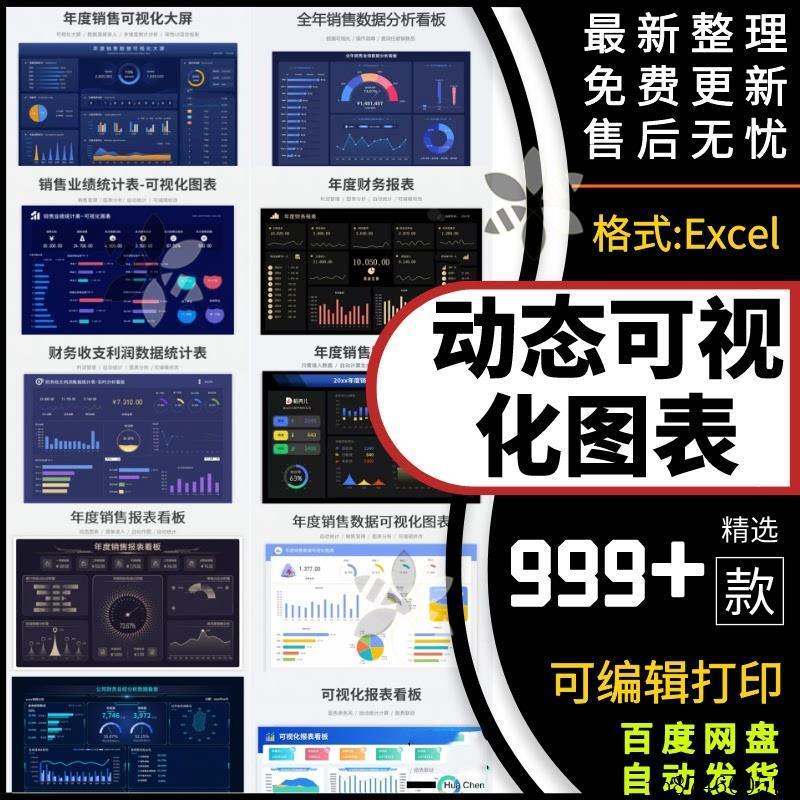 动态可视化图表Excel表格模板销售财务分析数据大屏自动统计看板