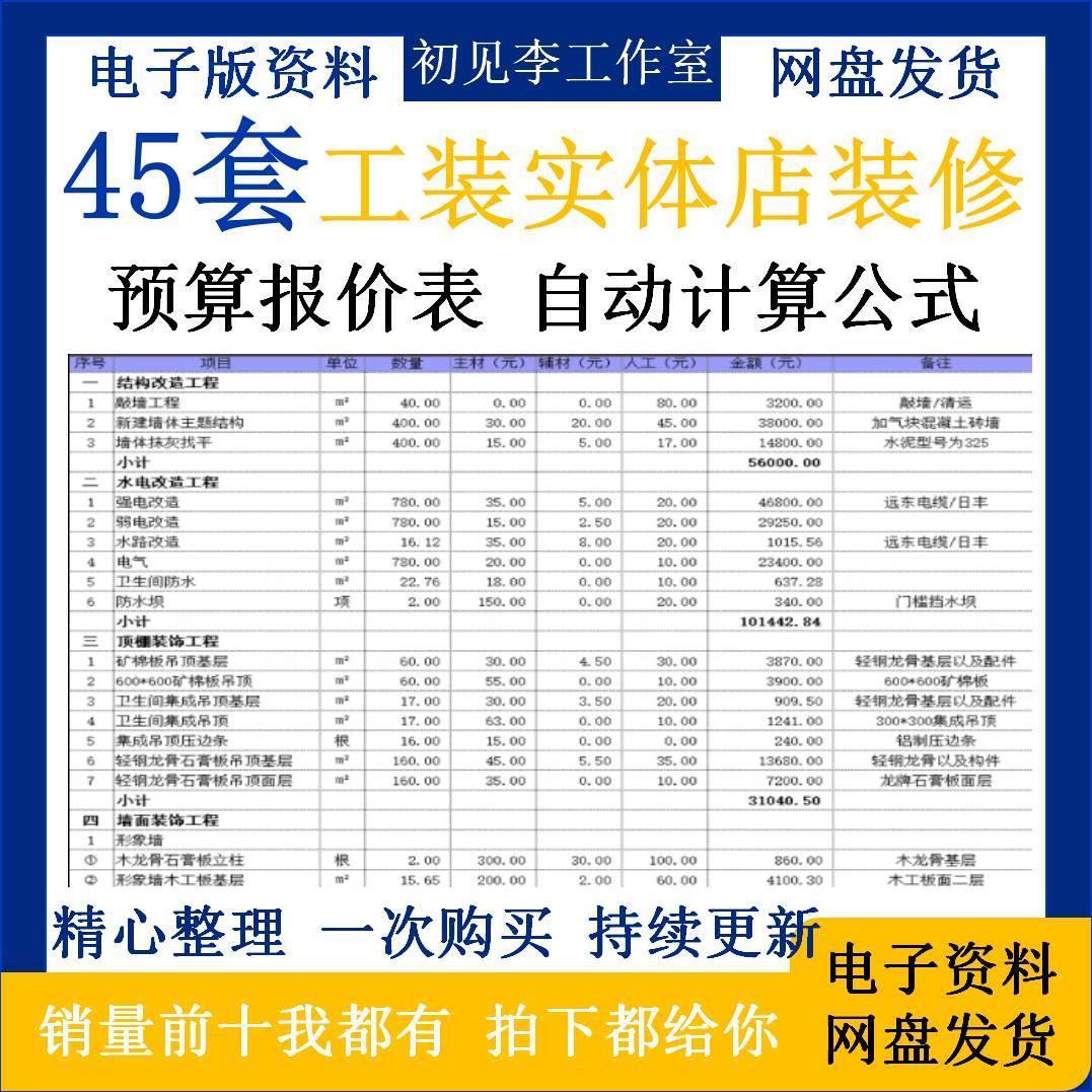 自动计算公式工装实体店室内装修预算报价表餐厅KTV服装店办公楼