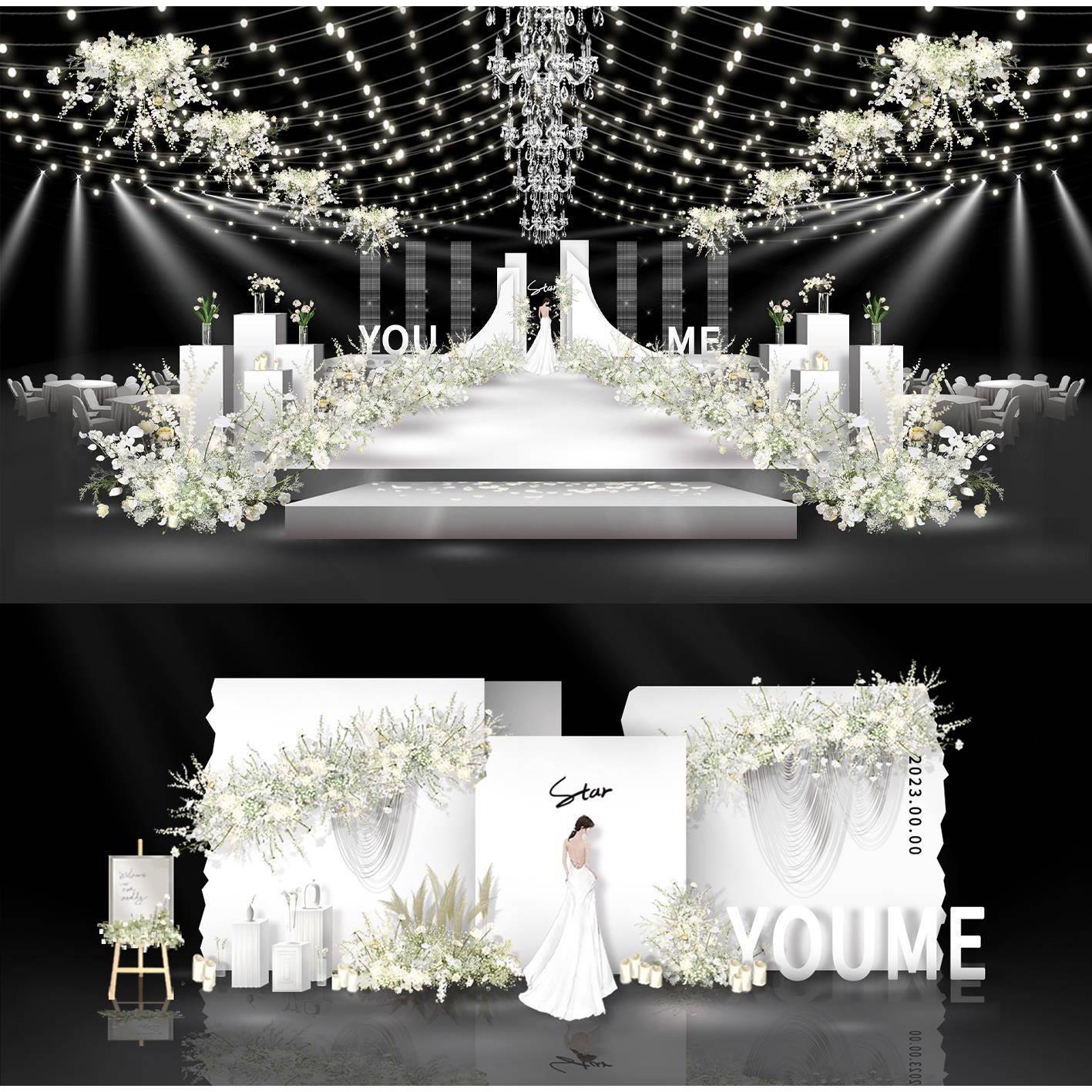 白色白绿色韩式小众水晶灯吊顶浪漫秀场风婚礼效果图ps素材分层