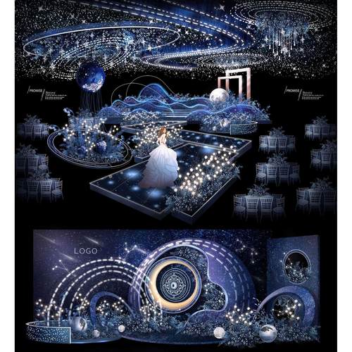 唯美梦幻蓝色星空星球婚礼浪漫手绘效果图吊顶psd分层源文件素材