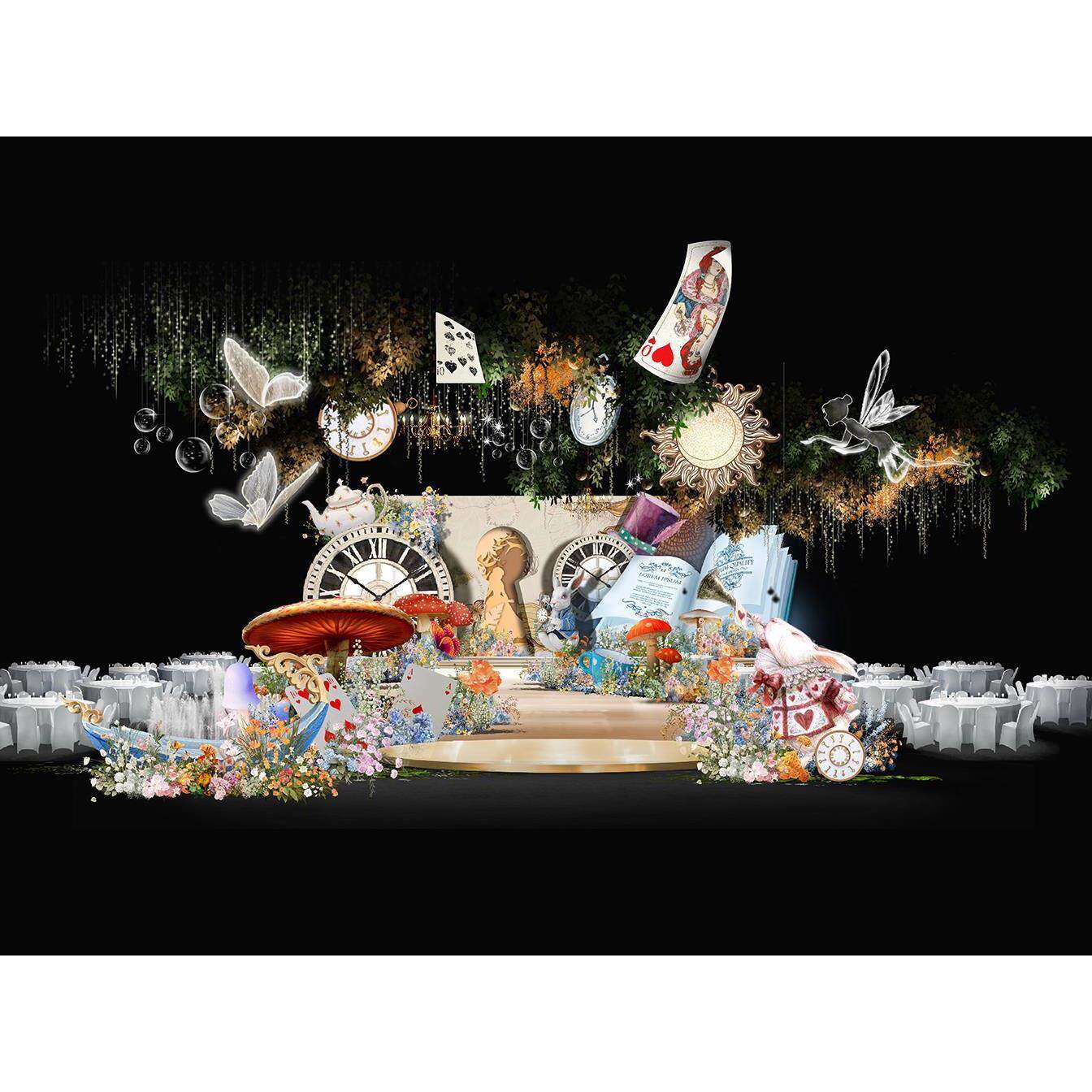 6张爱丽丝梦游仙境森系吊顶梦幻婚礼手绘psd分层效果图文件素材