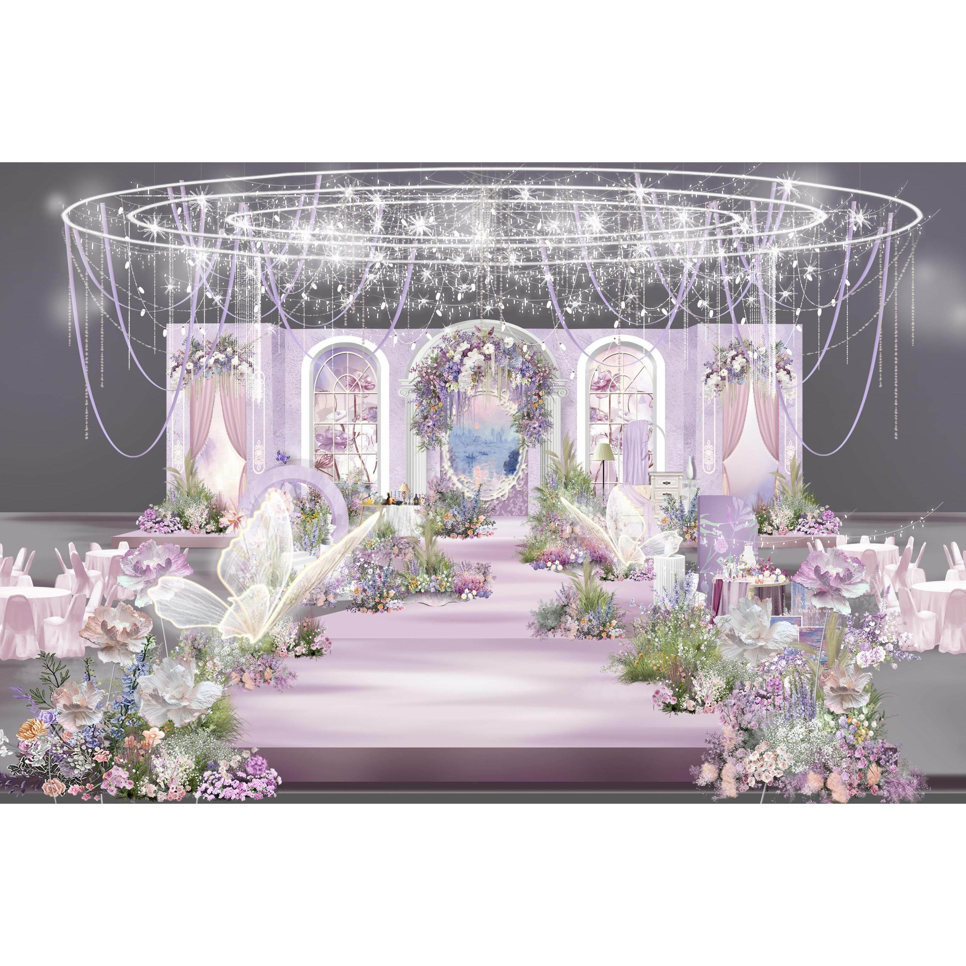 X090法式莫奈水晶花园风粉紫色花卉婚礼效果图psd源文件含输出文