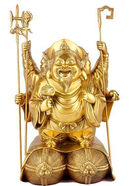 纯铜三面大黑天财神佛像摆件大黑天菩萨像铜摆件招手财神本命佛像