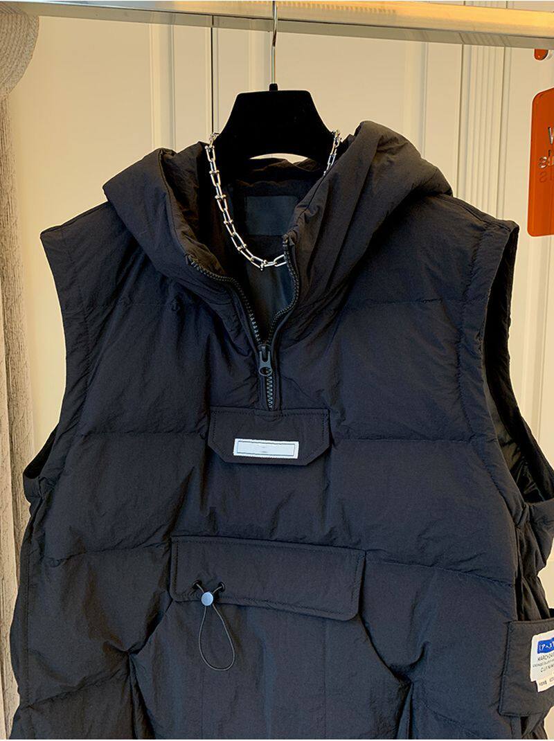 EXTRA LARGE SIZE 300 POUND BLACK VEST DOWN COTTON JACKET FOR MEN AND WOMEN WINTER INSY TIDE SLEEVELESS HOODED SHOULDERED COUPLE JACKET