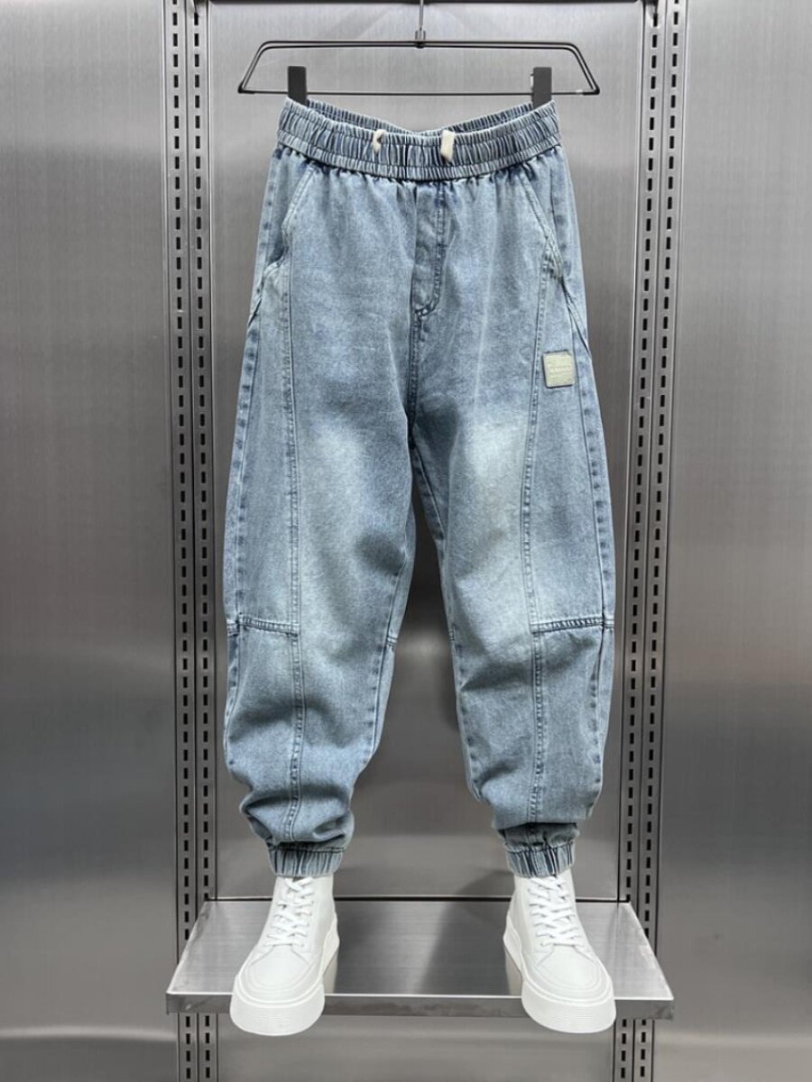 300파운드 플러스 사이즈 트렌디한 남성용 스플라이스 데님 레깅스 봄과 가을 뚱뚱한 형제 트렌디한 잘생긴 신축성 있는 허리 하렘 바지