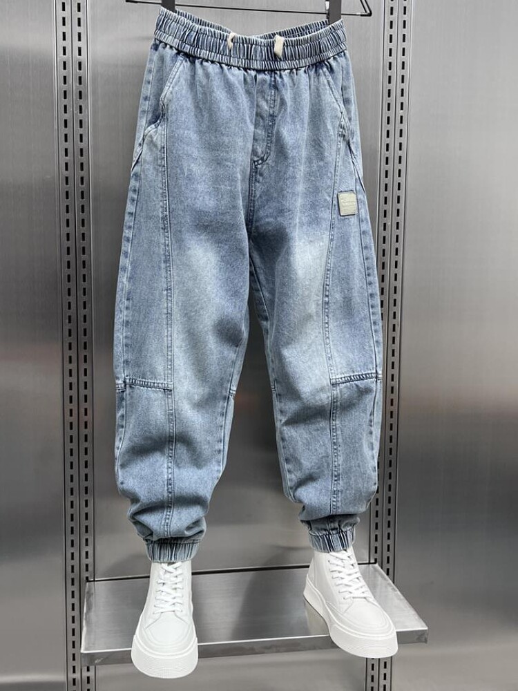 300파운드 플러스 사이즈 트렌디한 남성용 스플라이스 데님 레깅스 봄과 가을 뚱뚱한 형제 트렌디한 잘생긴 신축성 있는 허리 하렘 바지