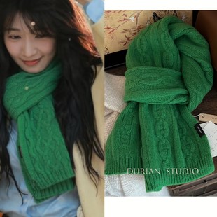 炽热吸引方瑾同款绿色羊毛麻花英伦复古围巾女冬季绞花围脖