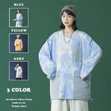 2025春季新款男装T恤原创港风口袋拼接扎染长袖打底衫灰GT01-P35，男装T恤，电商B277A（原A068）