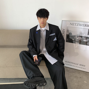 2025春季新款港风原创西服拼接毛边宽松休闲西服外套黑 GX07-P90图片