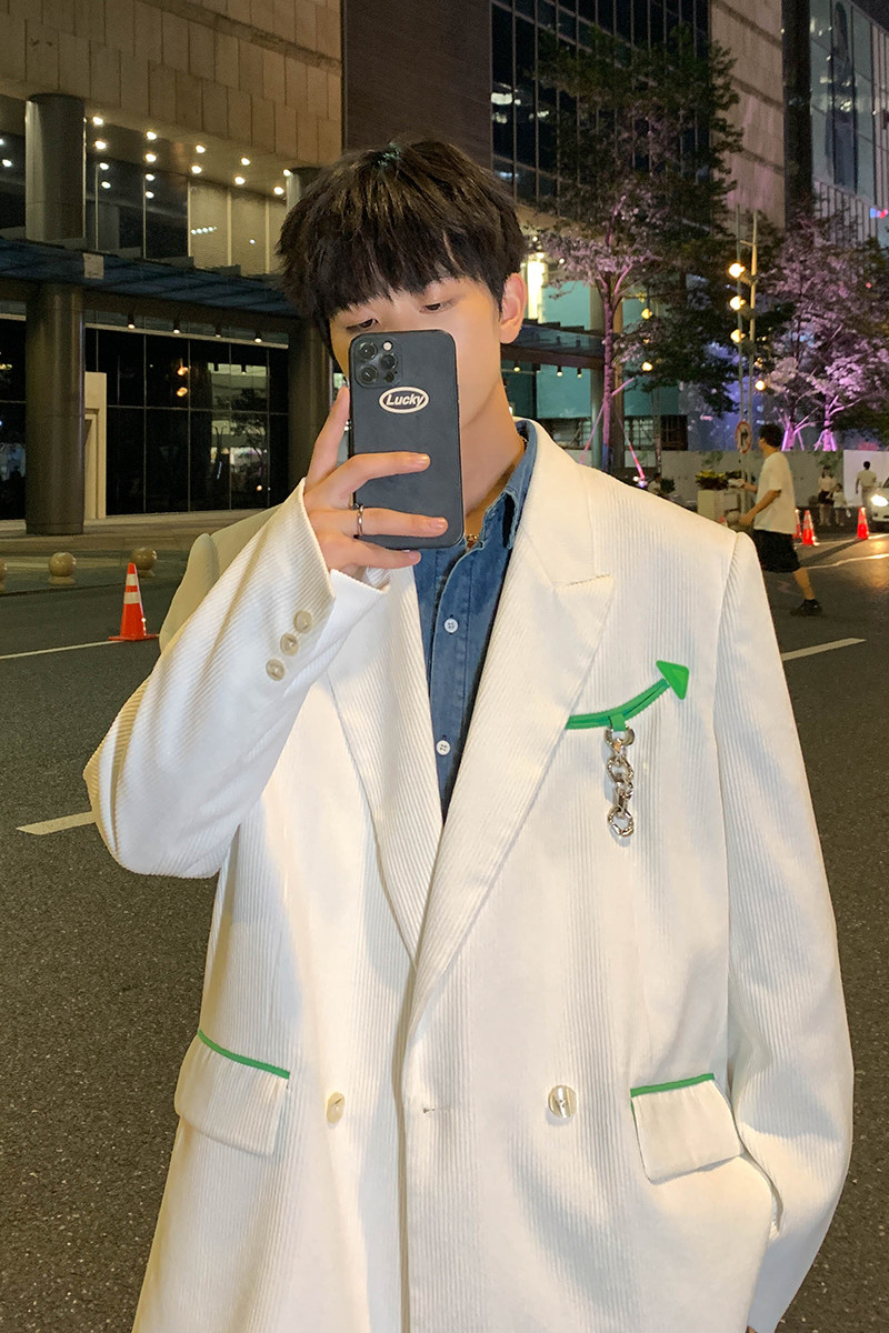 2025春季新款港风原创小西装韩版宽松休闲西服外套米白GX05-P85,男装西服套装,电商B277A（原A068）