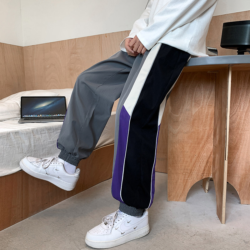 2025春夏新款港风长裤反光条撞色拼接休闲裤卫裤灰色GK79-P45，男装休闲裤，电商B277A（原A068）
