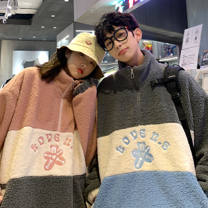 2025冬季新款原创港风撞色羊羔毛卫衣外套情侣男女夹克 GJ28-P95图片