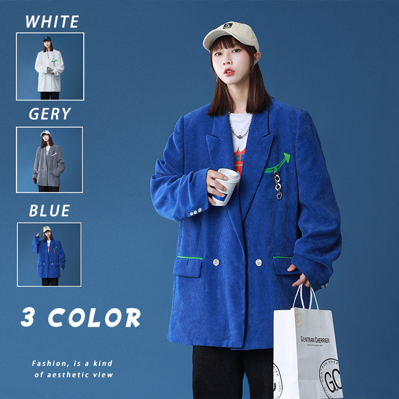 2025秋季新款港风原创西服撞色灯芯绒休闲西服外套蓝GX08P125，男装西服，电商B277A（原A068）