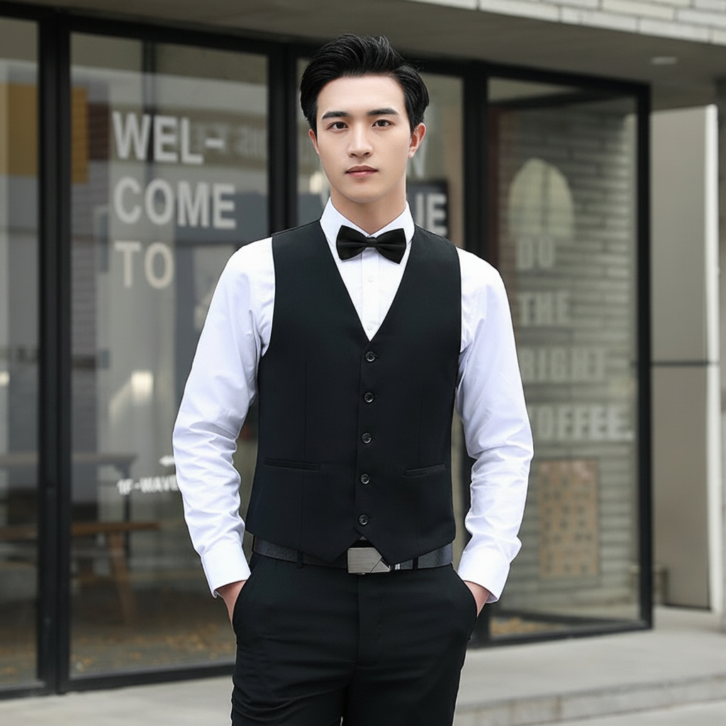 商务西装马甲套装男伴郎礼服新郎结婚背心衬衫领结黑色正装