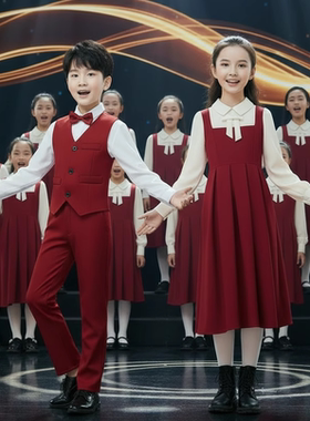儿童合唱演出服男女童红色学院风表演服元旦中小学生朗诵比赛礼服