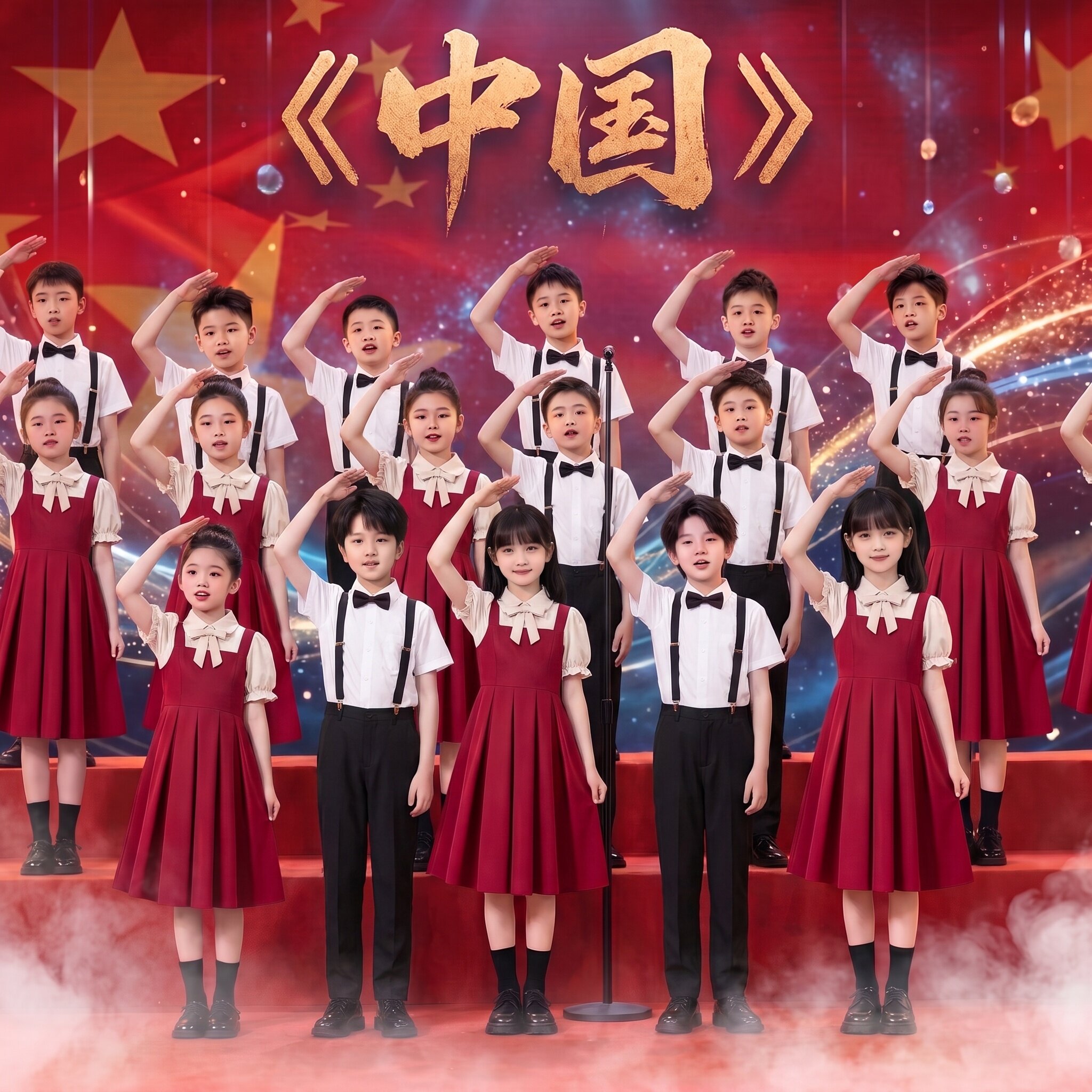 国庆儿童合唱演出服男女通用学院风红色背带爱国主题小学生表演服