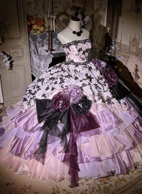 洛丽塔风抹胸花朵礼服女紫色渐变层叠荷叶边仙女公主裙