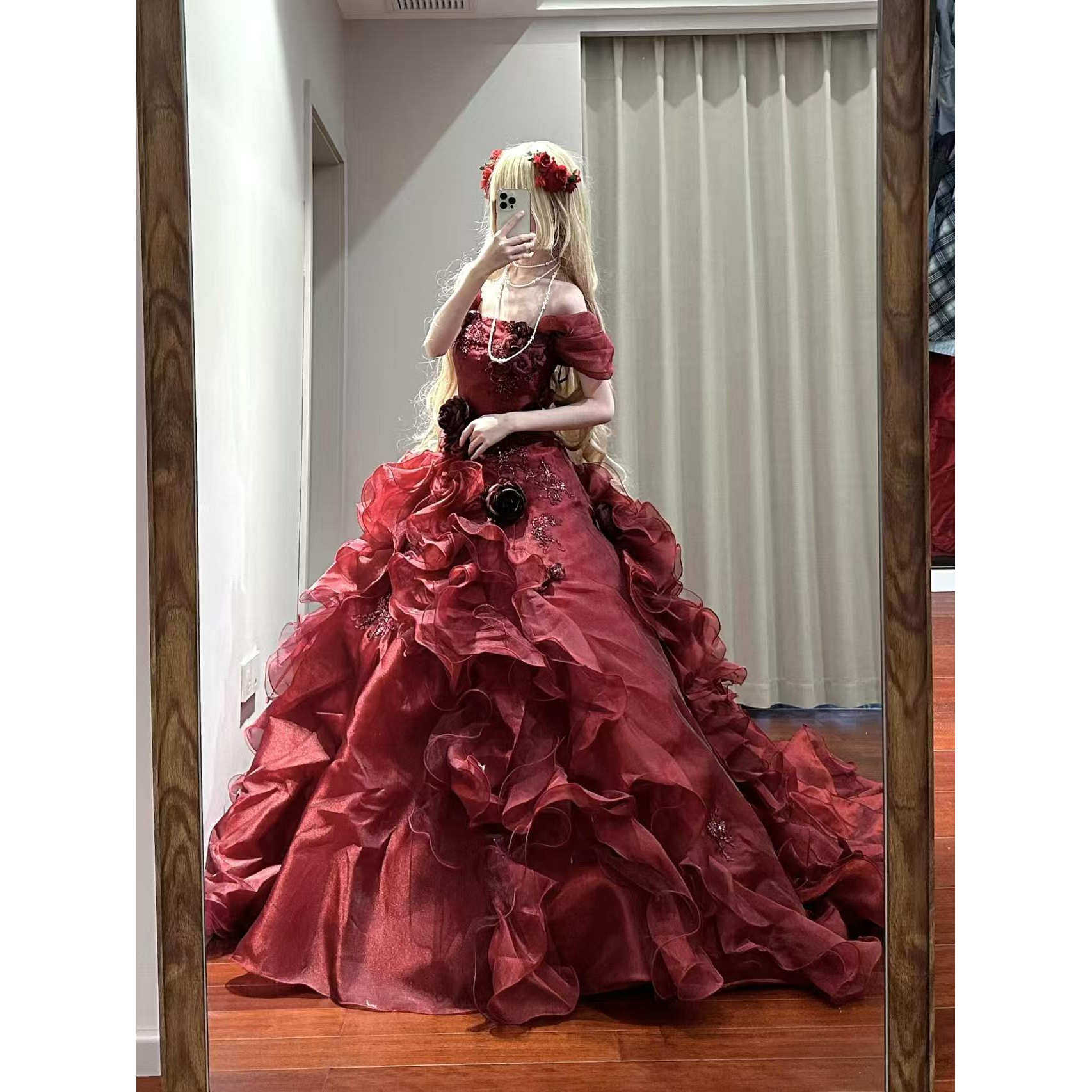 恶魔之吻一字肩红色拖尾礼服重工艺大摆裙成人礼拍照晚装